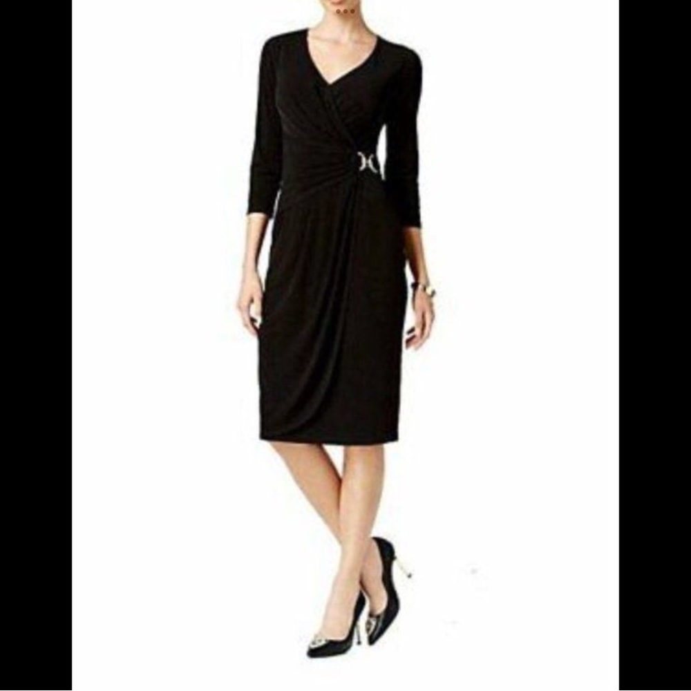 Thalia Sodi Black Stretch Faux Wrap Dress With Gold Tone Buckle.